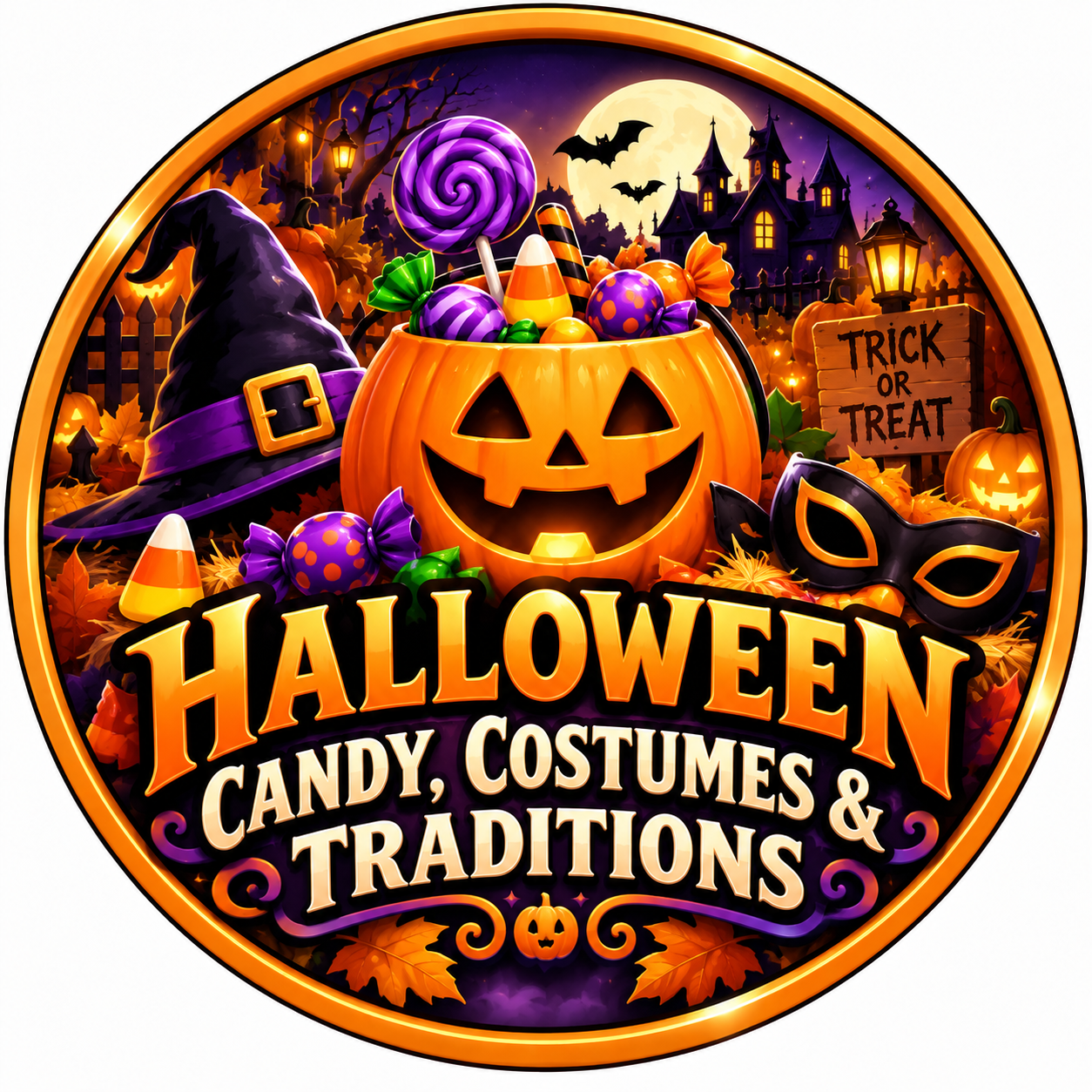 Halloween candy Random Trivia Quiz icon featuring a jack-o'-lantern filled with treats, costumes, and decorations.