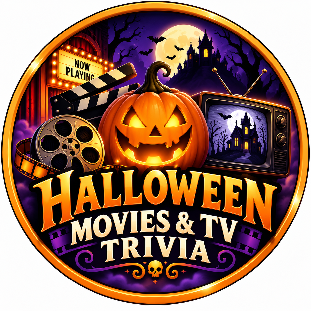 Halloween Movies & TV Random Trivia Quiz icon featuring a jack-o'-lantern, film reel, television, and spooky movie imagery.