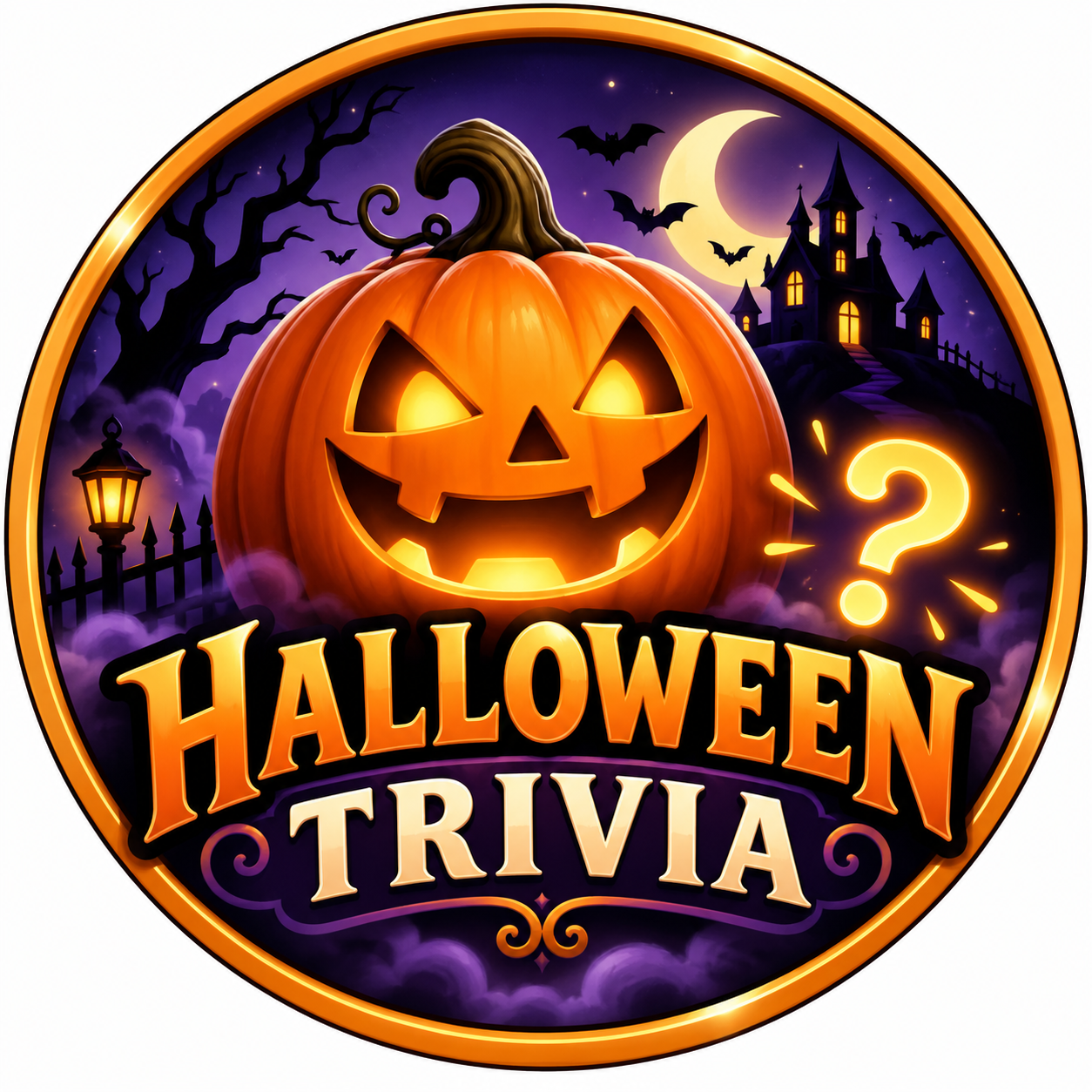 Halloween trivia Random Quiz icon featuring a glowing jack-o'-lantern, bats, moon, and spooky scenery.