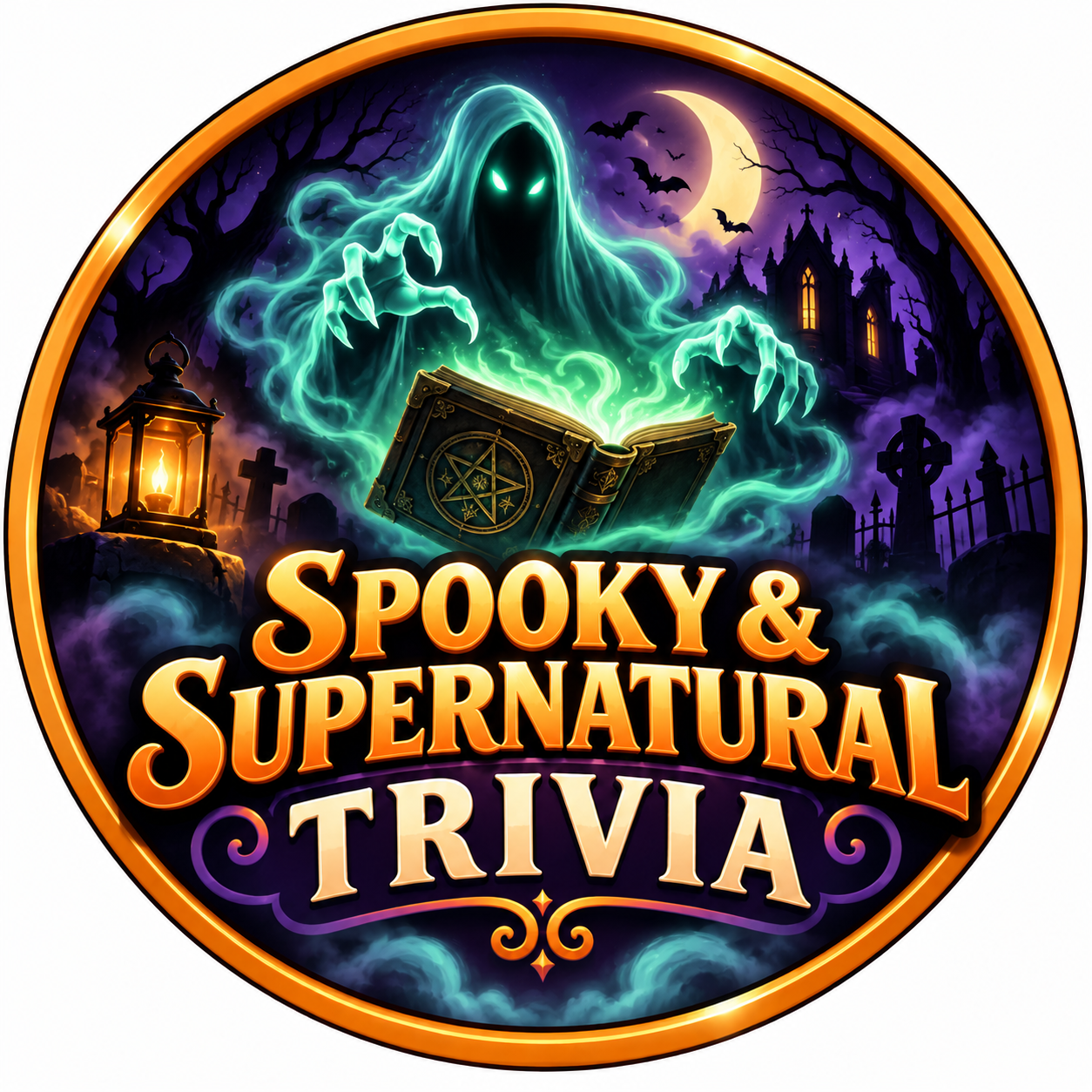 Spooky & Supernatural trivia Random Quiz icon featuring glowing ghosts, a mysterious spellbook, and a haunted night scene.