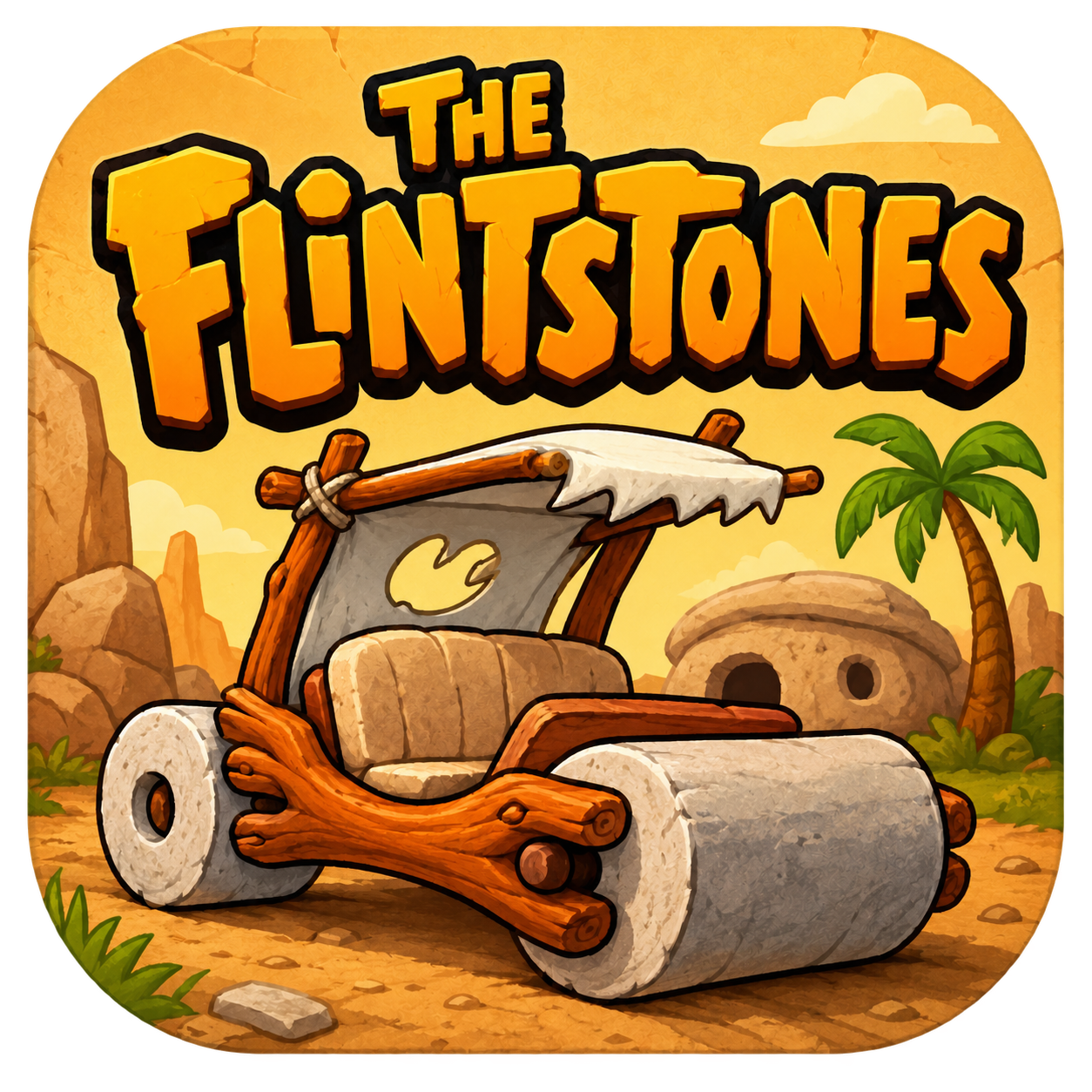 The Flintstones trivia quizzes Random icon featuring the prehistoric family car with stone wheels and Bedrock scenery.
