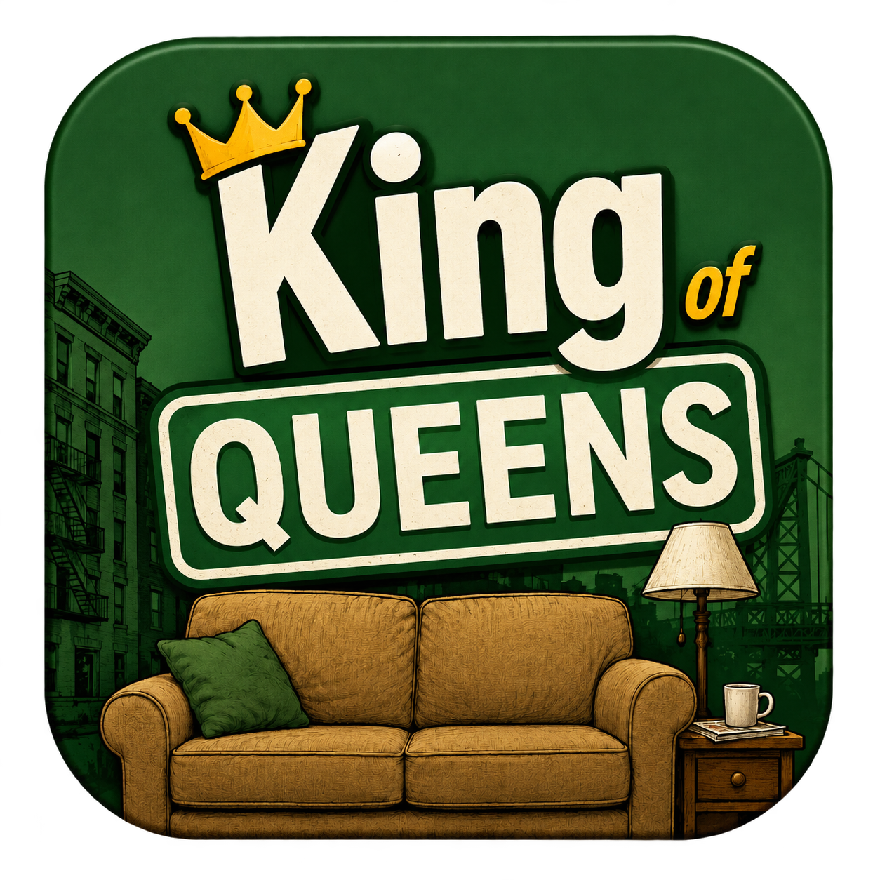 The King of Queens trivia quizzes Random icon featuring the crowned show title and green living room sofa.