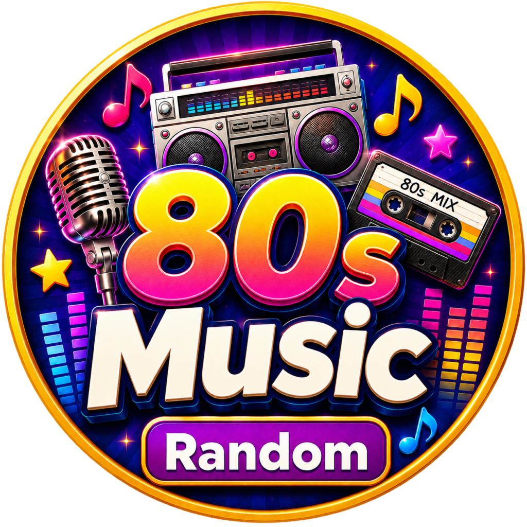 80s Music Random Trivia quiz icon featuring a retro boombox, cassette tapes and microphone