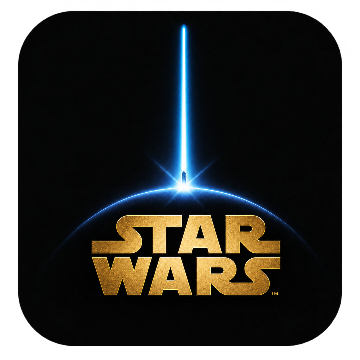 Star Wars films Random trivia quiz icon featuring a glowing blue lightsaber and gold Star Wars logo