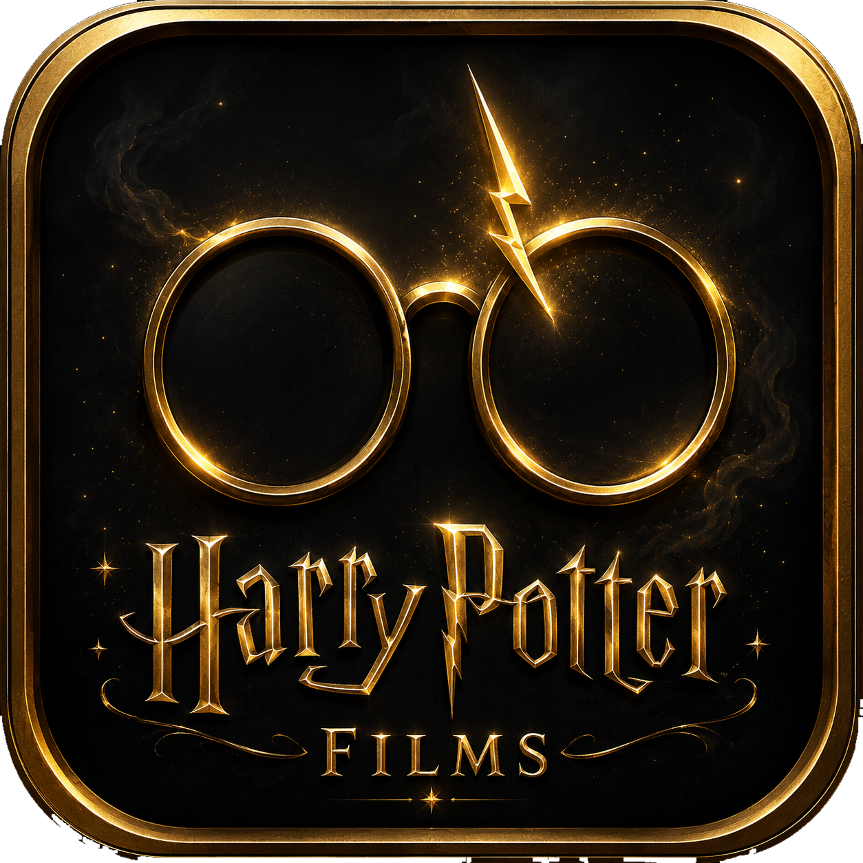 Harry Potter films Random trivia quiz icon featuring golden glasses and lightning bolt