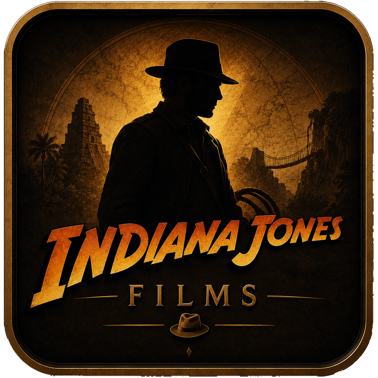 Indiana Jones Films Random trivia quiz icon featuring an adventurer silhouette in a fedora with a golden movie background